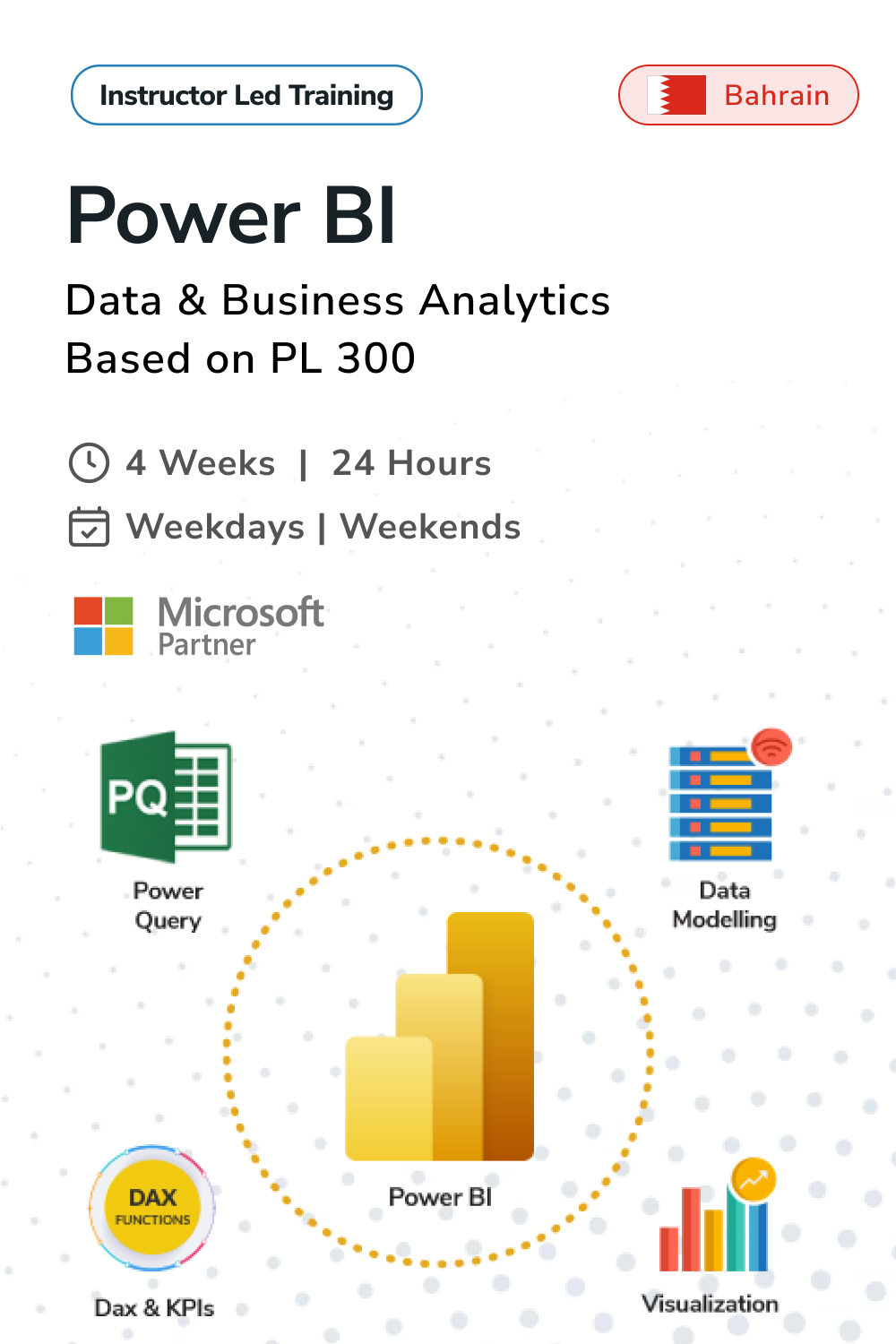 Instructor led training course for Power BI training in Bahrain with Microsoft logos and icons